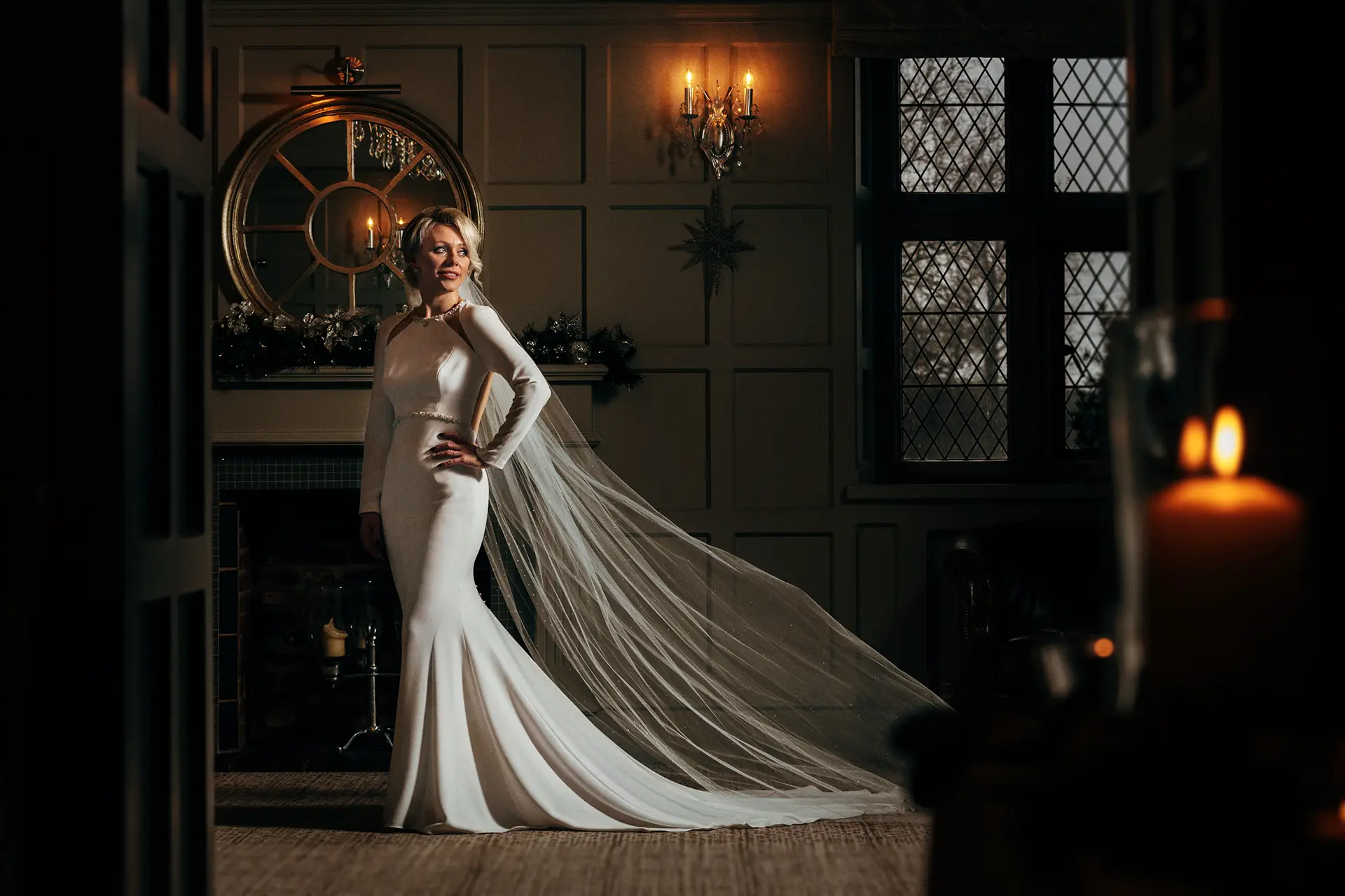 Weston Hall wedding photographer, bride inside by fireplace