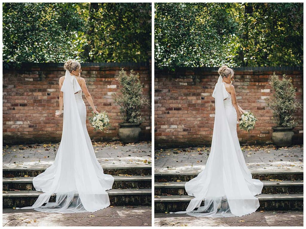 Bride walking through Fairlawns Hotel gardens in autumn
