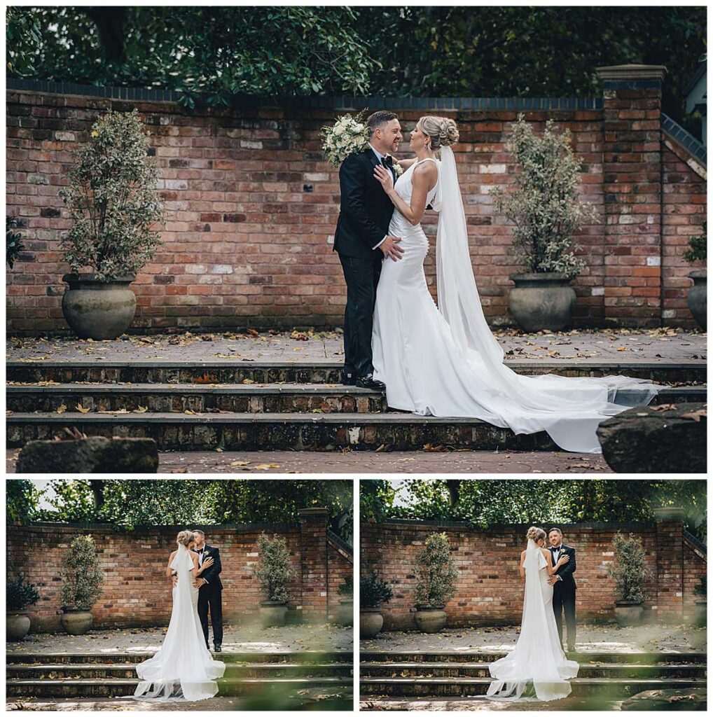 Bride walking through Fairlawns Hotel gardens in autumn